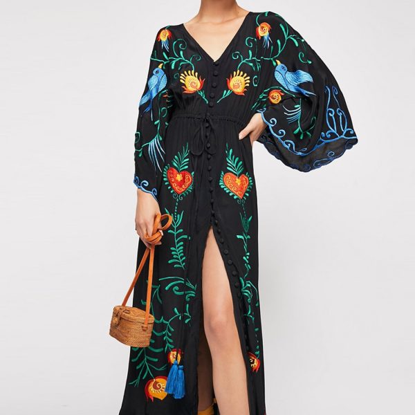 Spring Autumn Women Loose Casual Kimono Floral embroidered Maxi Dress Boho Ruffle Hem Beach Dresses