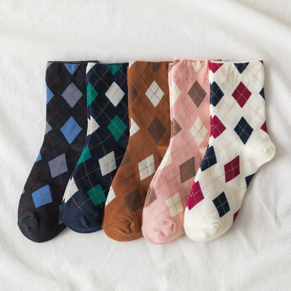 Vanessa's Japanese College Wind Retro Diamond Lattice Mid-Tube Socks