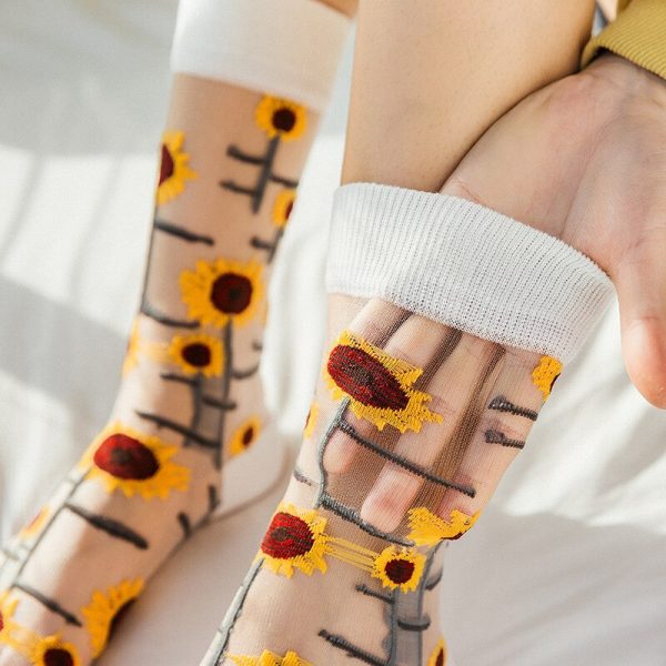 Vanessa's Pearl Crystal Silk Floral Transparent Socks