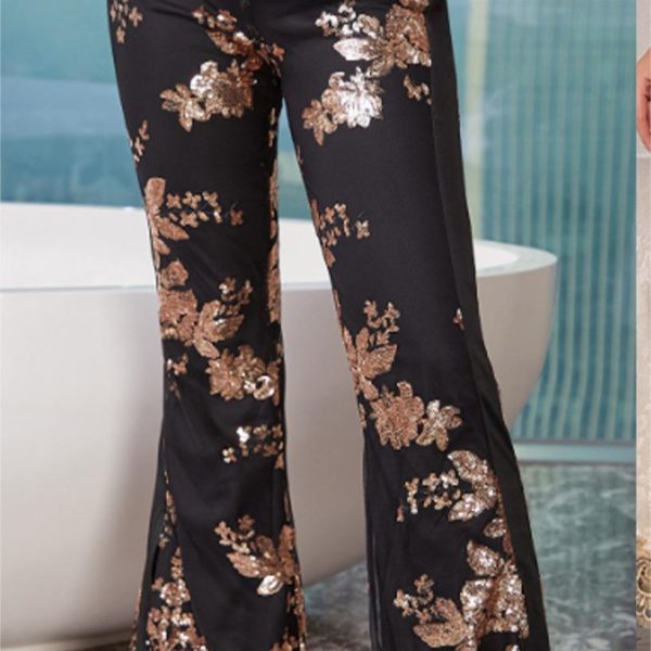 Socialite Sequin Embroidered Slim Fit Slit Flared Pants Women