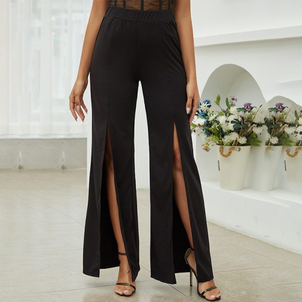 Women Pants Summer High Waist Casual Knitted Slit Straight-Leg Trousers