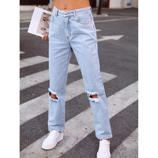 Trendy High Waist Wide Leg Ripped Denim Pants