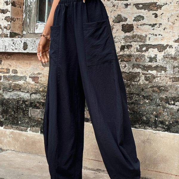 Solid Color Pocket Casual Trousers