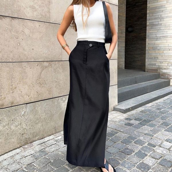 Elegant Black Split High Waist Drape Skirt