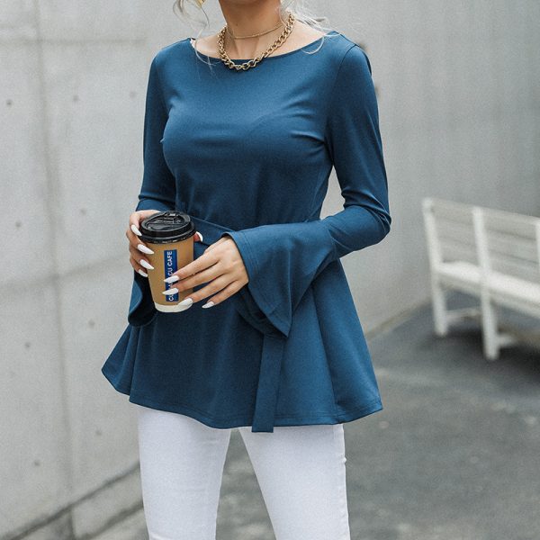 Women's Solid Color Round Neck Top for Spring and Autumn