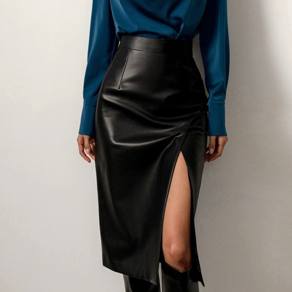 Winter High Waist Split Faux Leather Midi Skirt