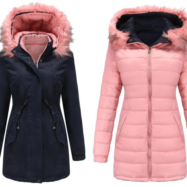 Double-Sided Wear Cotton Padded Parka for Women with Detachable Fur Collar and Hat