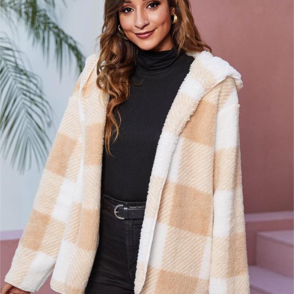 Hooded Plaid Plush Coat