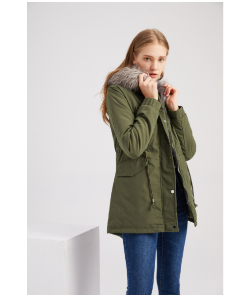 Plus Size Mid-Length Hooded Cotton-Padded Coat with Big Fur Collar