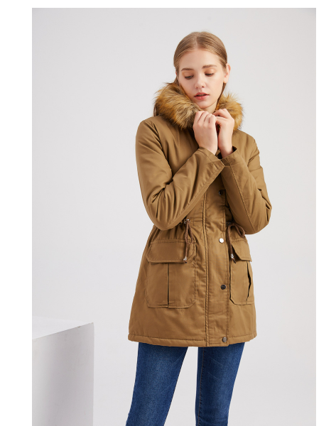 Plus Size Hooded Fleece-Lined Coat with Fur Collar