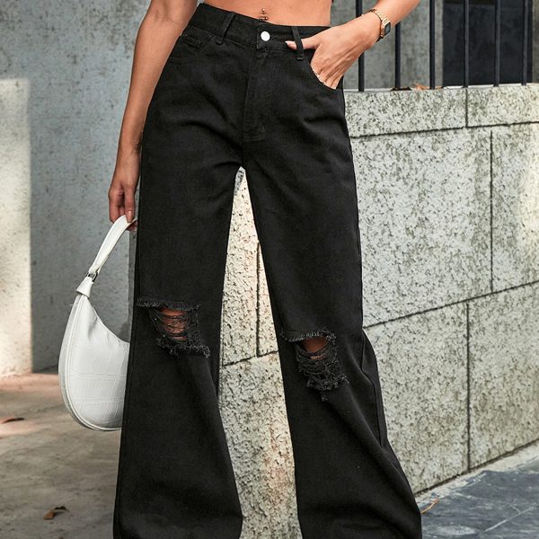 Holes High Waist Wide Leg Pants