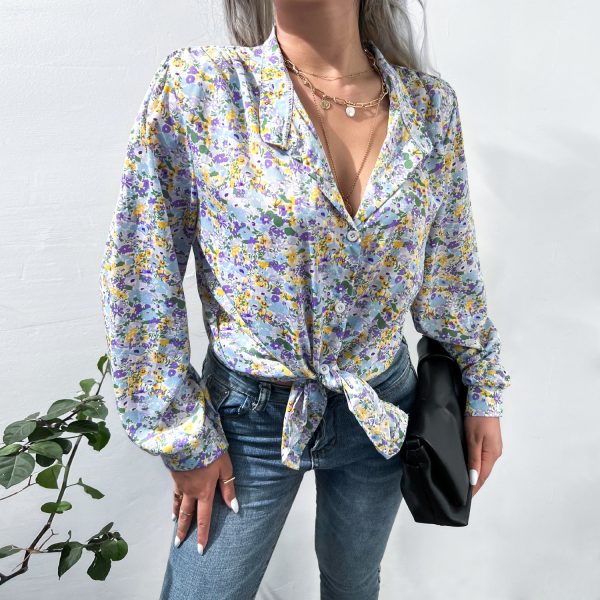 Wih Printed Shirt with Single-Breasted Bishop Sleeves for Autumn/Winter