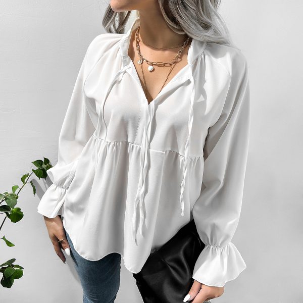 White Bell Sleeve Shirt with Bow for Autumn/Winter