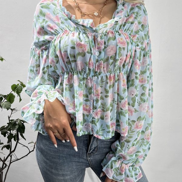 Wooden Ear Charm: Bell Sleeve Floral Chiffon Shirt for Autumn/Winter