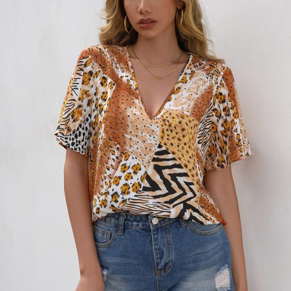 Leopard Print V-neck Short-Sleeved T-shirt