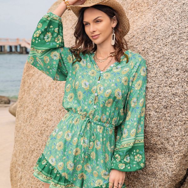 Green Printed Waist Vacation Jumpsuit