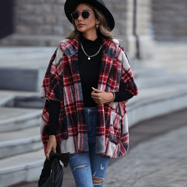 Hooded Half-Sleeve Scottish Plaid Plush Coat for Women