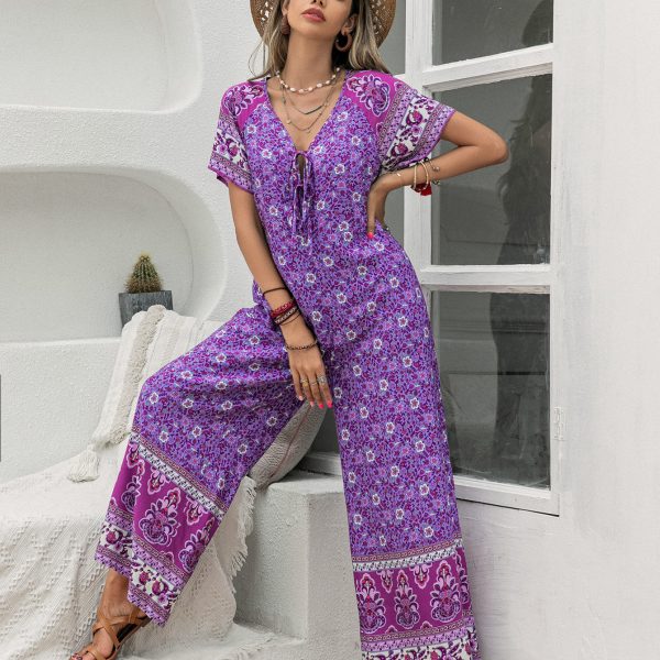 Purple Printed Wide-Leg Short Sleeve Women's Jumpsuit"