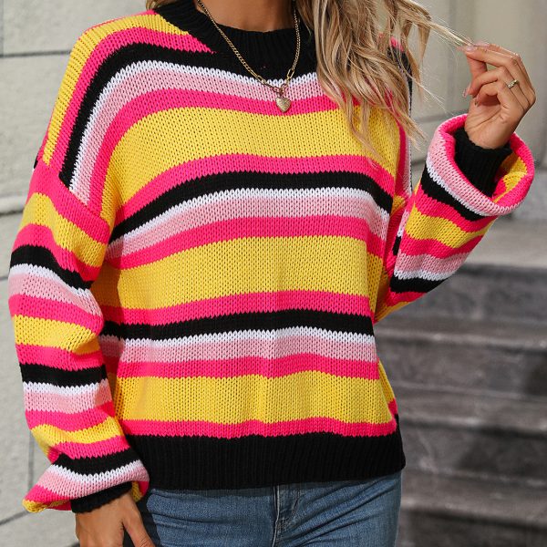 Autumn Winter Stitching Loose Round Neck Striped Sweater