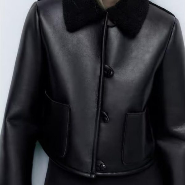 Chic Black Leather Ring Loop Short Coat