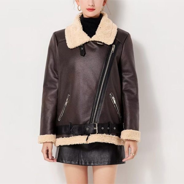 Women's Large Collared Faux Shearling Locomotive Coat