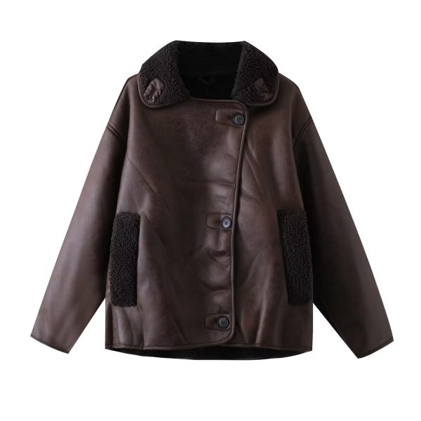 Women's Retro Imitation Lamb Wool Collared Faux Jacket