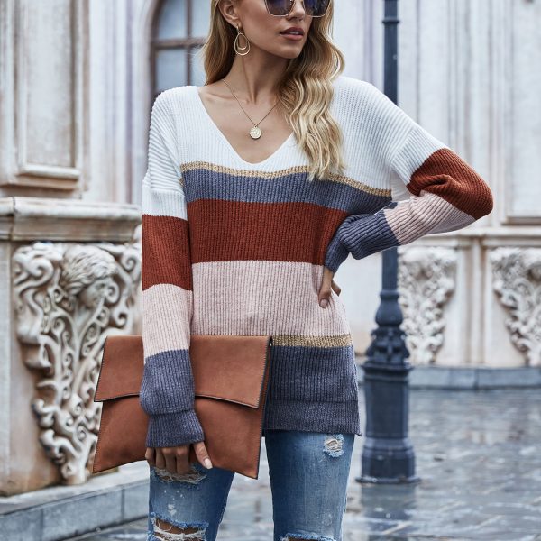 Striped V-Neck Pullover Sweater