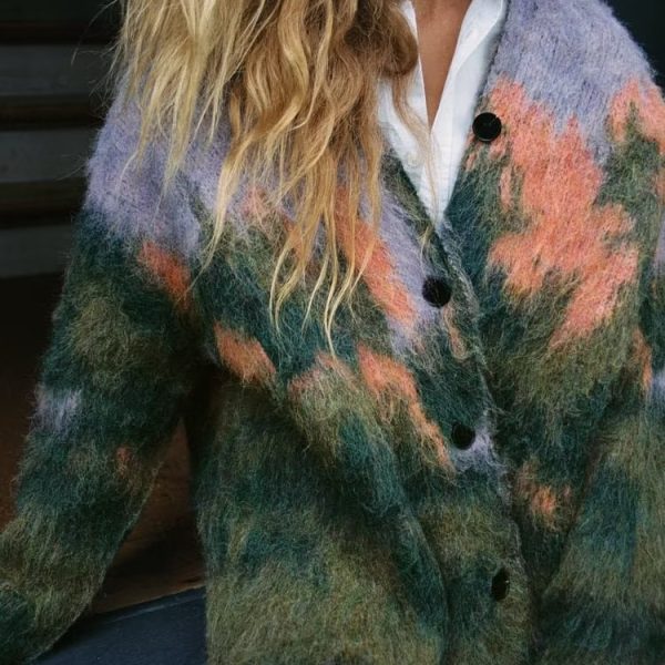 Landscape Pattern Knitted Coat - Fall V-Neck Style