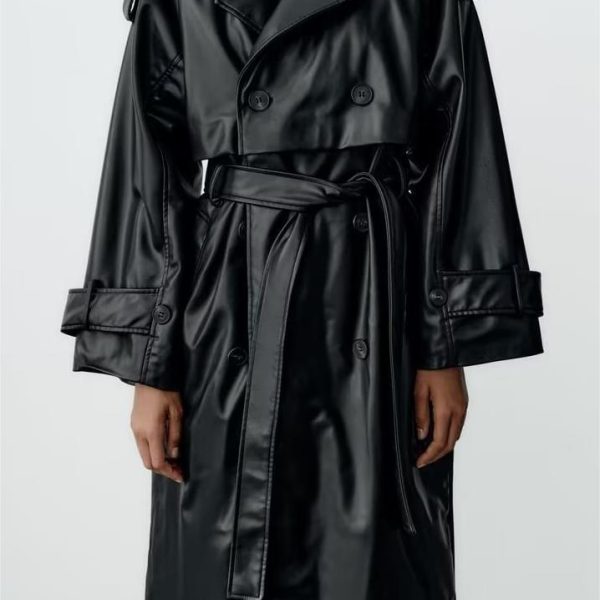 Black Faux Leather Trench - Spring/Autumn Elegance