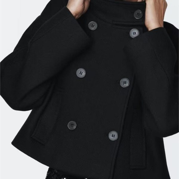 Stand Collar Double-Breasted Woolen Coat - Office Chic