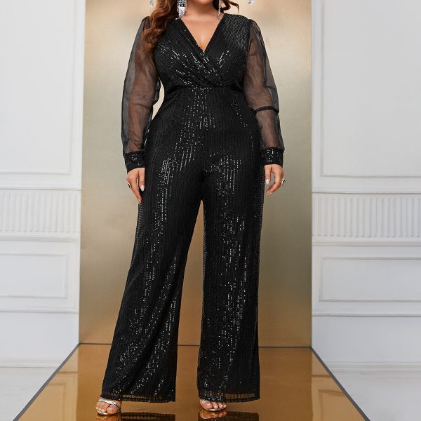 Plus Size V-Neck Sequin Jumpsui