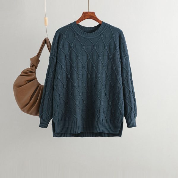 Loose Rhombus Knit Floral Sweater