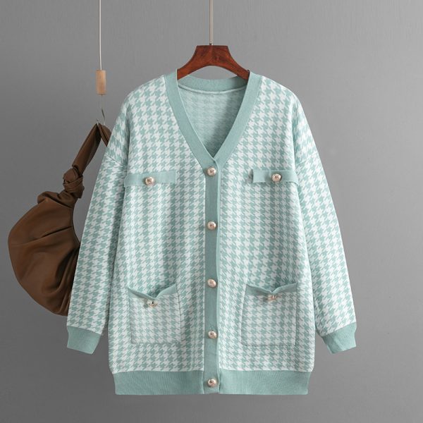 Loose V-Neck Houndstooth Cardigan