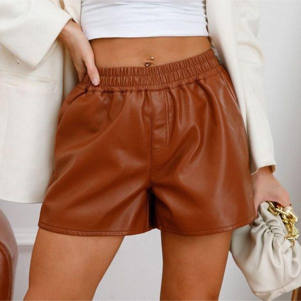 Simple Faux Leather Casual Loose Women's Shorts