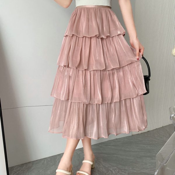 Flow Glossy Tiered Dress Mid-Length Skirt for Spring/Summer