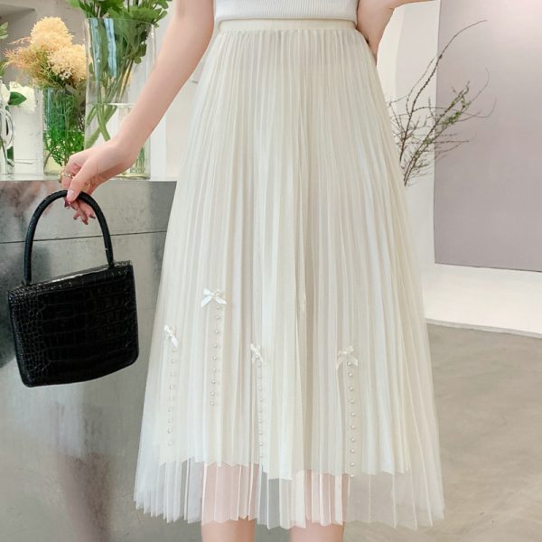 Beaded Bowknot Pleated Mid Skirt: Summer Chic