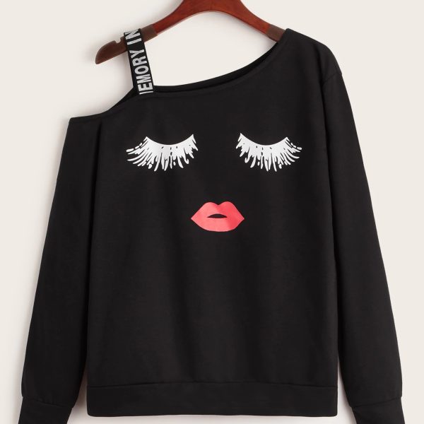 Lip Eyelash Print Off-Shoulder Sweater - Autumn/Winter