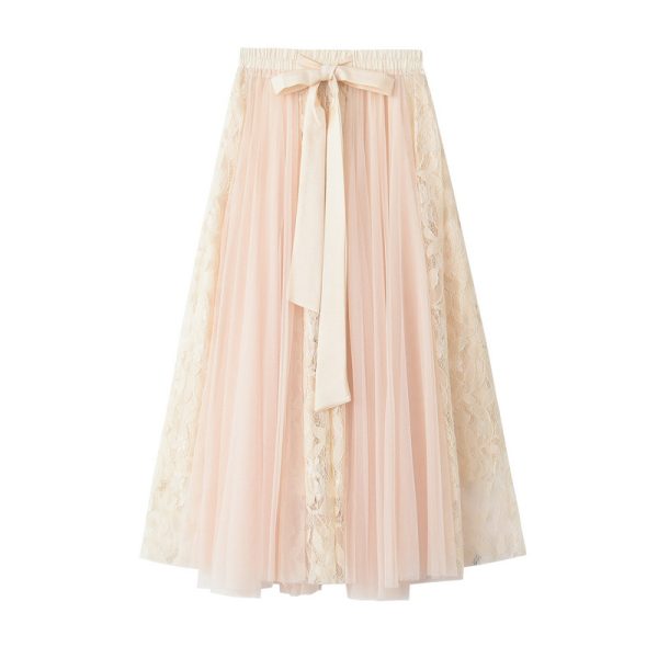 Chic Bow-Tied Lace Embroidered Tulle Skirt for Spring All-Match