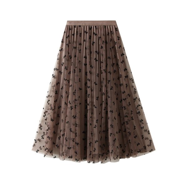 Slimming Pleated Gauze Skirt with Flocking Bow Deta