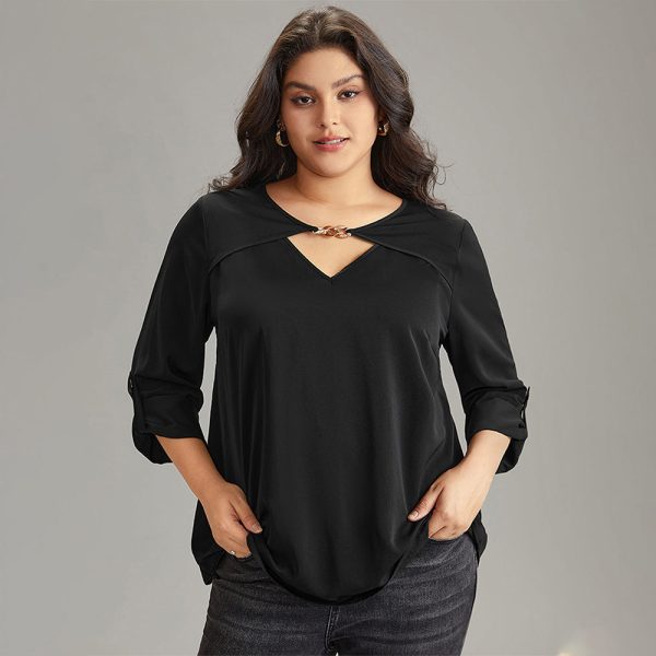 Plus Size V-Neck Flared Sleeve Office Top