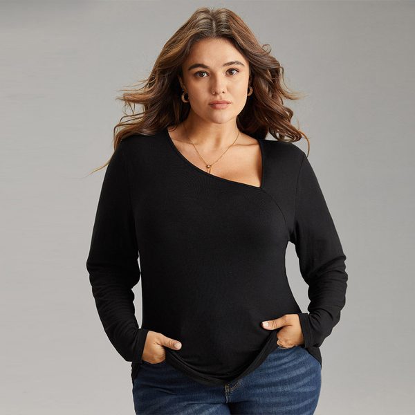 Chic Plus Size Knitted One-Shoulder Long-Sleeved Top