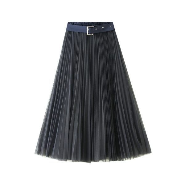 Belted High Waist Mesh Pleated Skirt