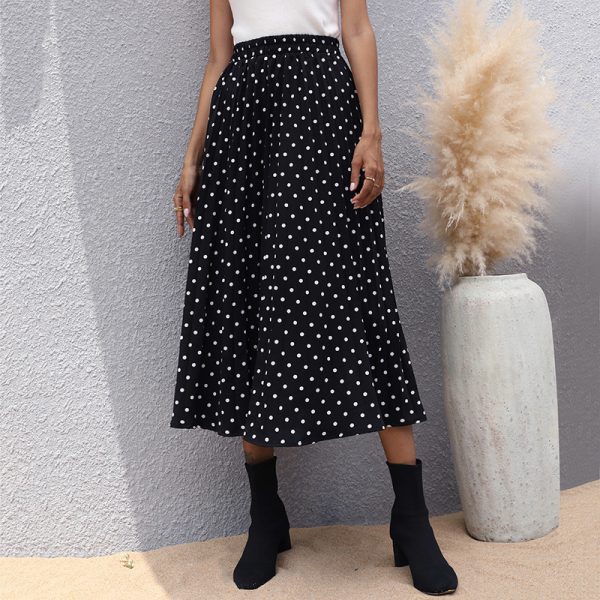 Chic Black Mid-length Pleated Polka Dot Skirt for Women