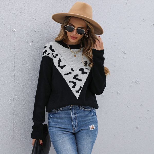 Leopard Print Contrast Color Long Sleeve Sweater