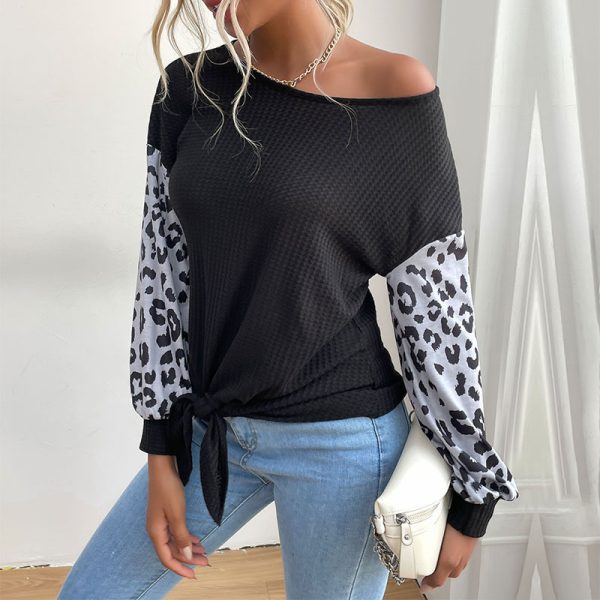 Women Wear Round Neck Long Sleeve Stitching Leopard Print Black Sweater