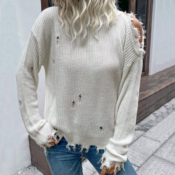 White High Collar Cutout Long Sleeve Sweater for Autumn/Winter Women's Wear