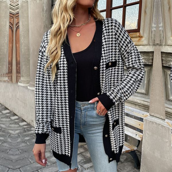 Fashionable Houndstooth Long Sleeve Cardigan