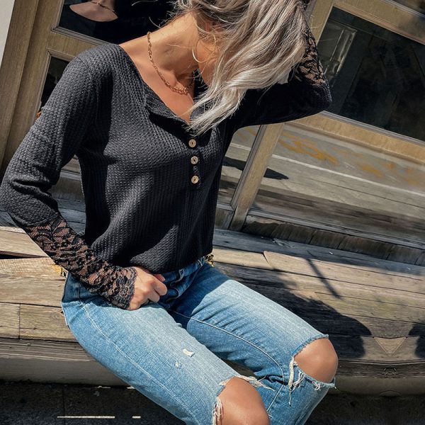 Black Lace Bottoming Sweater - Early Autumn Casual