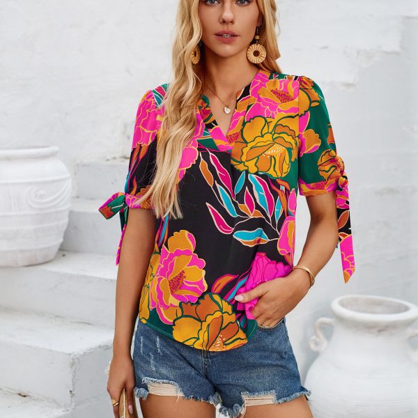 Printed V Neck Cuff Bundle Top