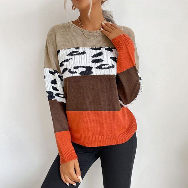 Leopard Print Color Matching Long-Sleeve Sweater for Autumn/Winter Casual Women's Tops